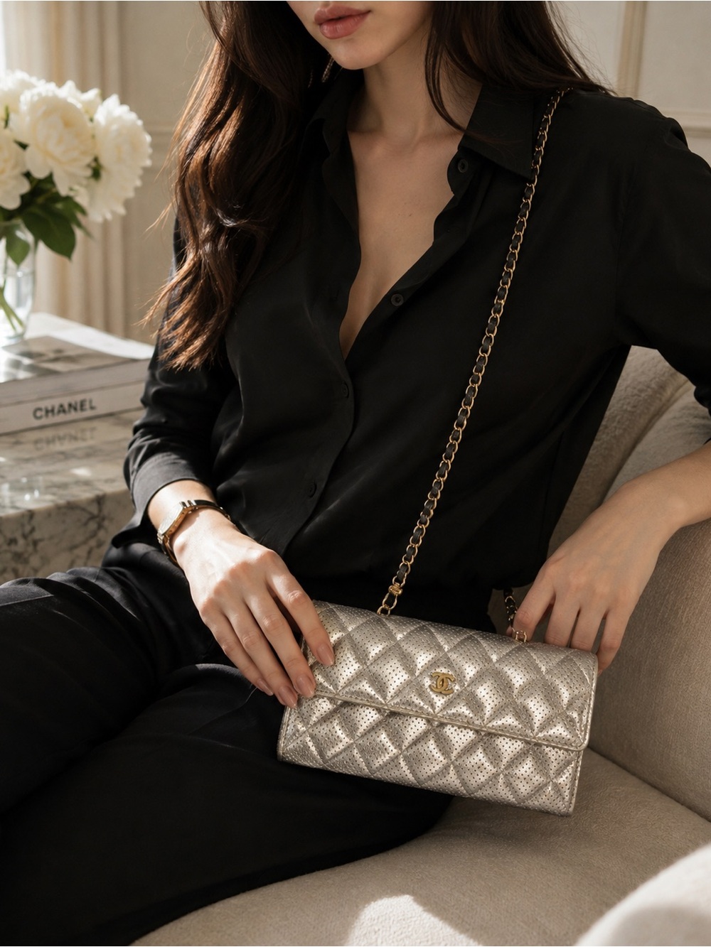 CHANEL Metallic Champagne Perforated Quilted Long Wallet + Unbranded WOC Kit